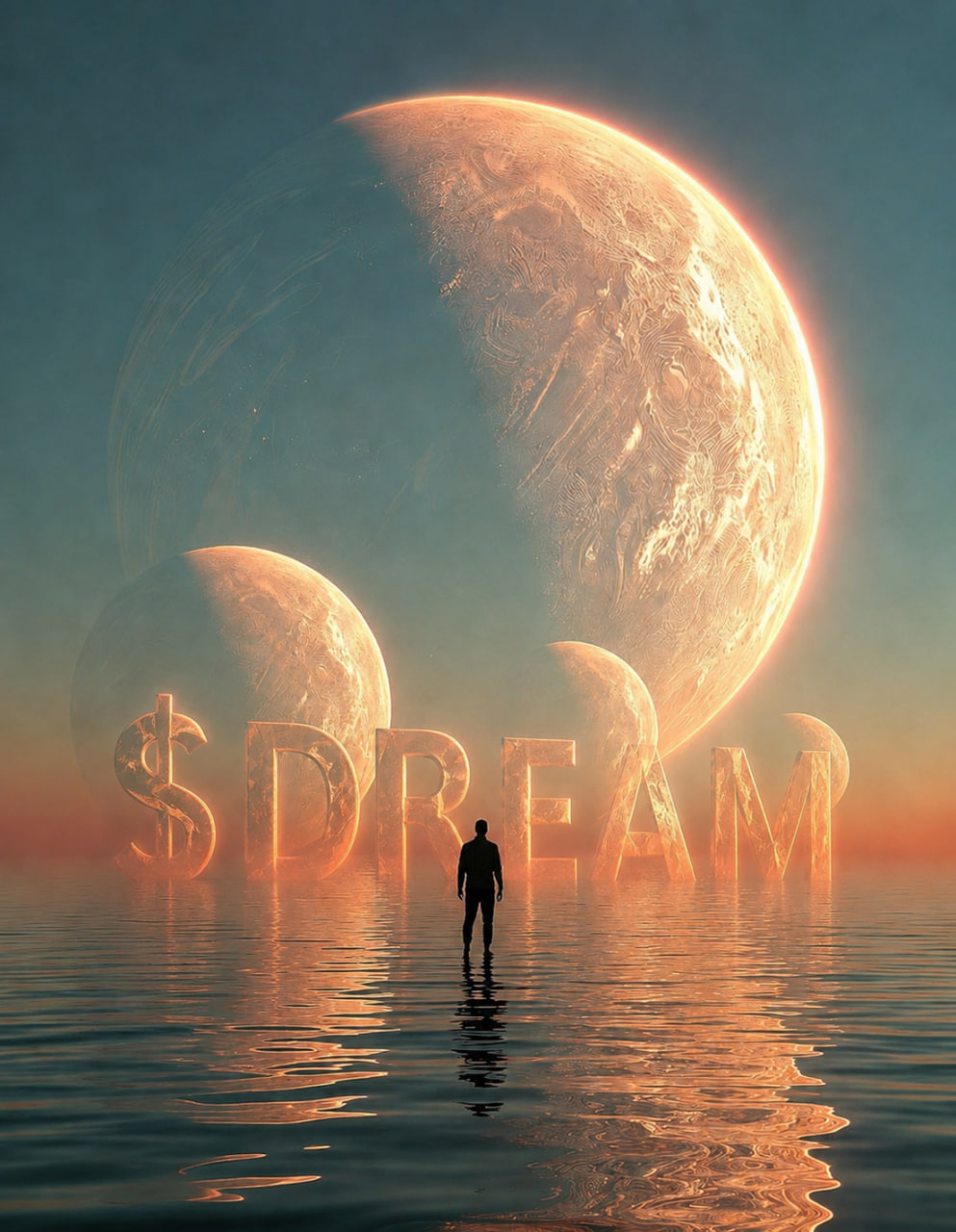 A lone figure standing in still water gazing at glowing planets and the word $DREAM rising on the horizon