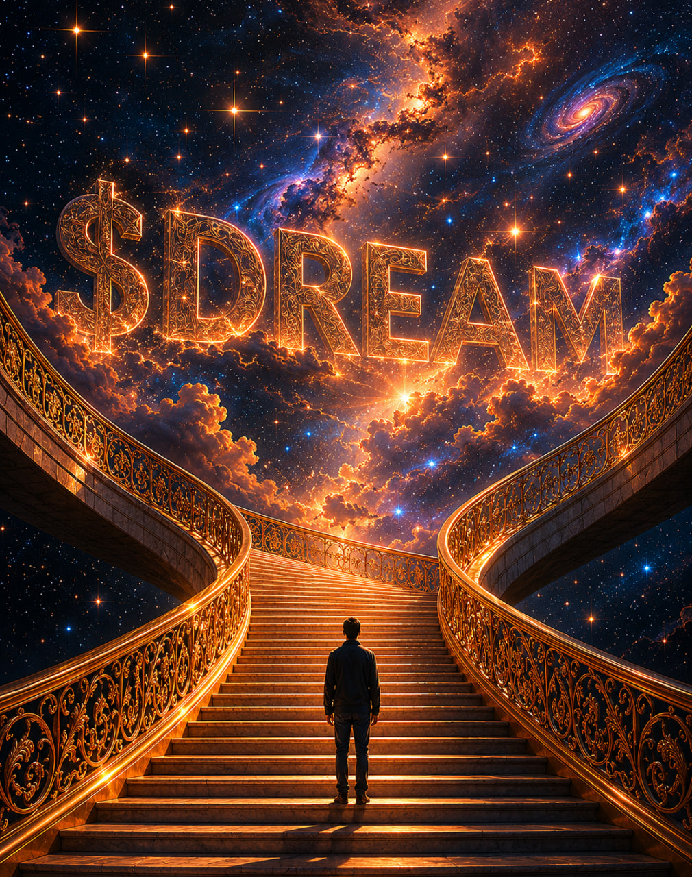 A grand golden stairway ascending into a starlit galaxy beneath the glowing word $DREAM
